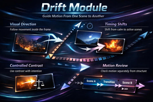 Diagram of a 'Drift Module' with visual direction, timing shifts, controlled contrast, and motion review features.