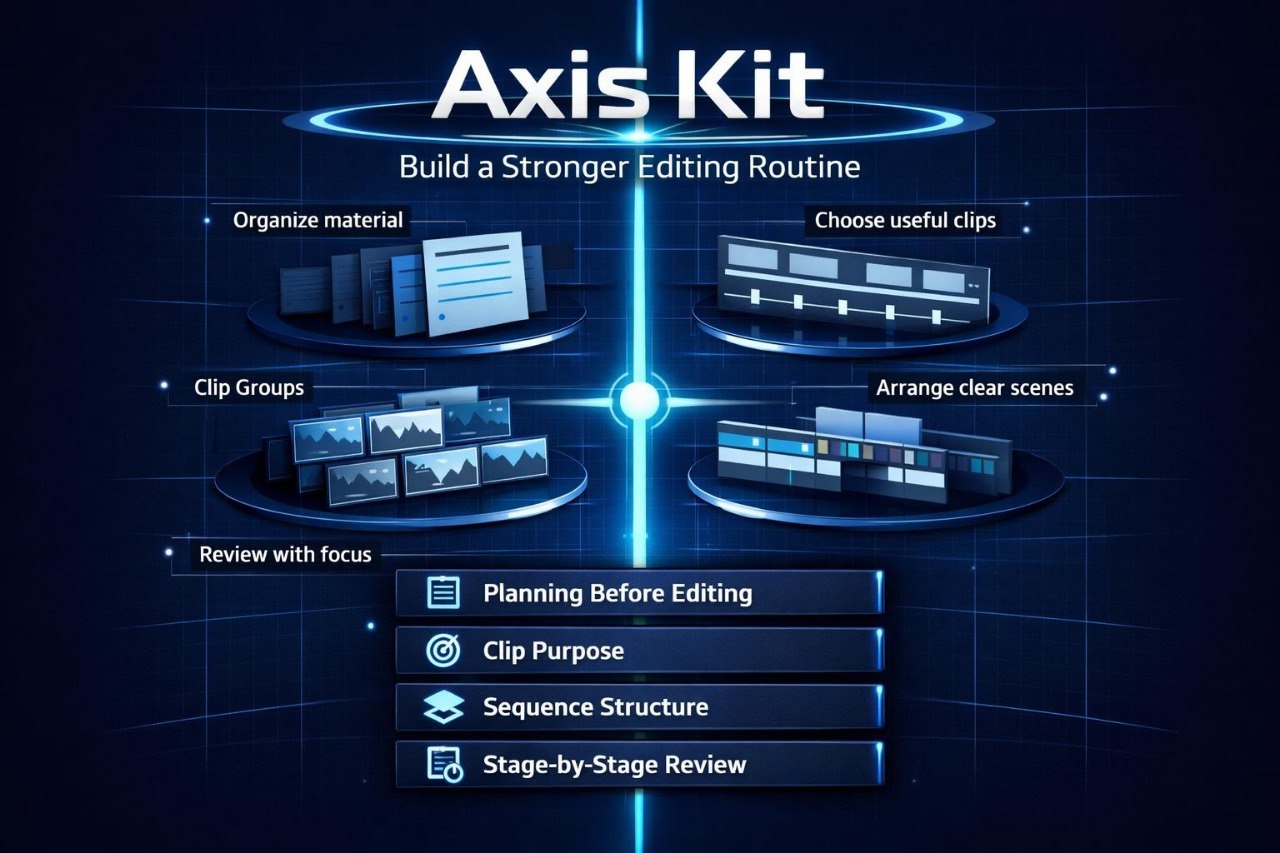 Axis Kit software interface with steps for building a stronger editing routine on a dark background.