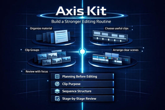 Axis Kit software interface with steps for building a stronger editing routine on a dark background.