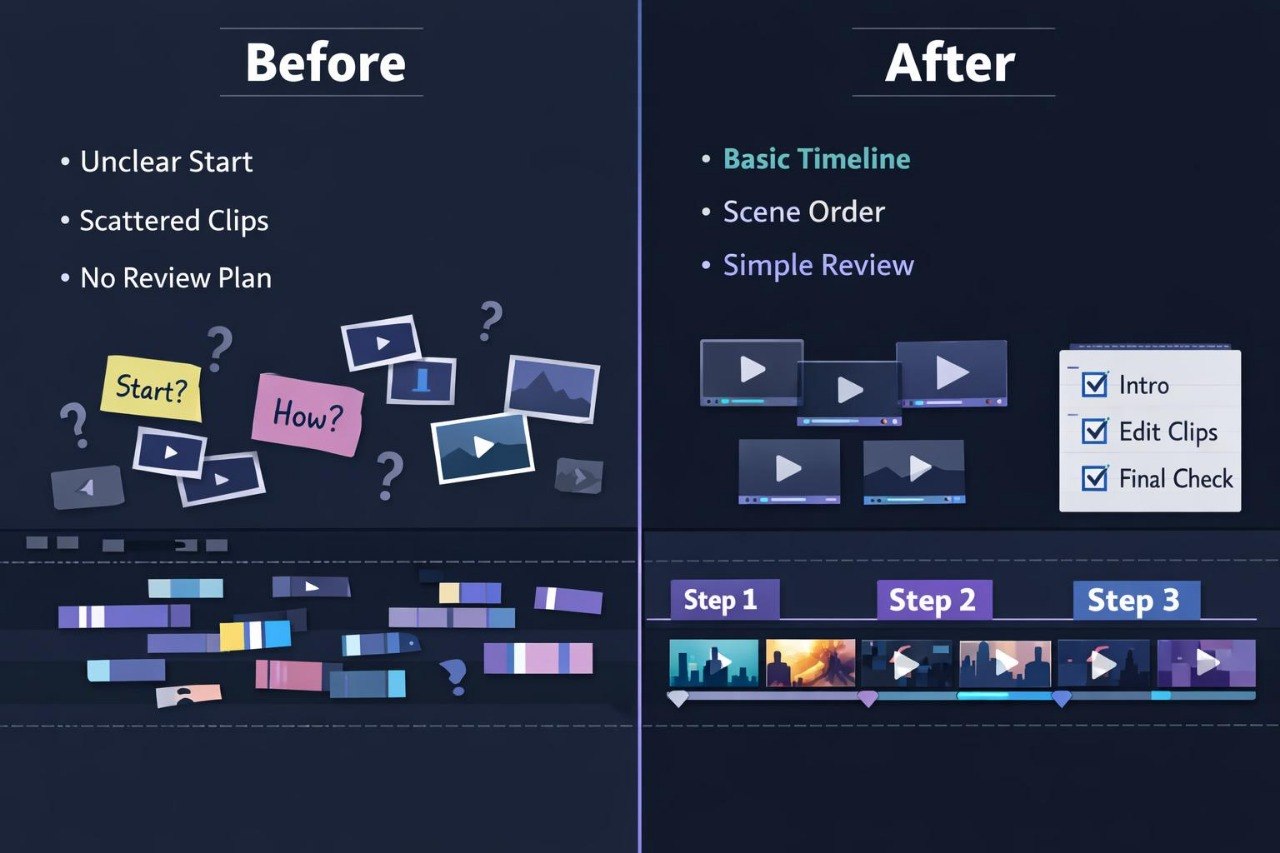 Comparison of video editing before and after using a software interface.