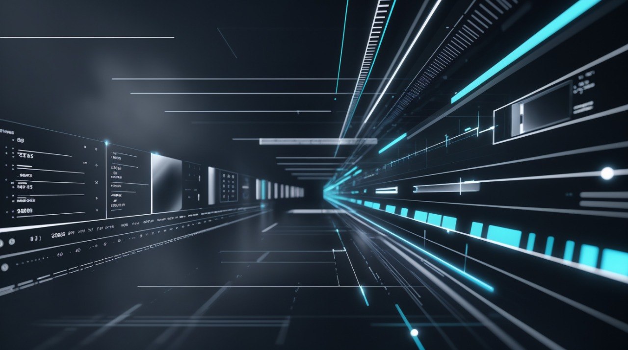 High-tech tunnel with digital displays and glowing lines