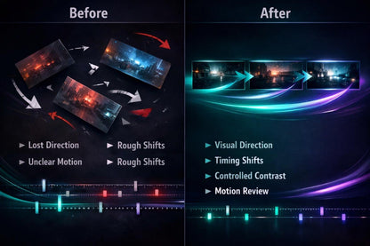 Before and after comparison of video editing techniques on a dark background with text labels.