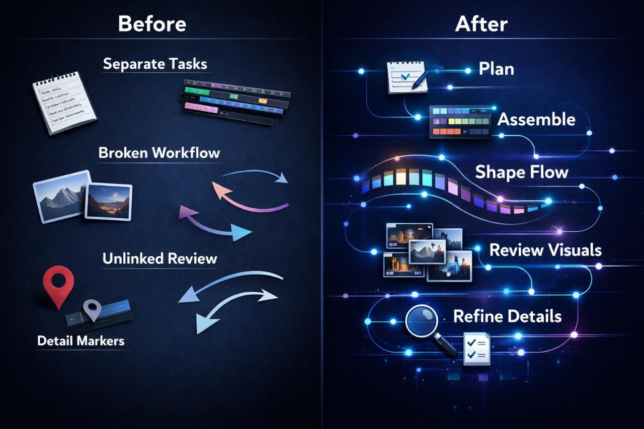 Before and after comparison of workflow processes on a dark background with icons and text.