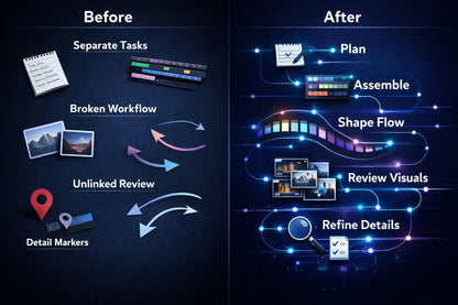 Before and after comparison of workflow processes on a dark background with icons and text.