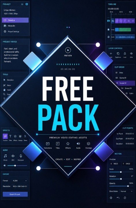 Free pack promotion with video editing software interface on a dark background