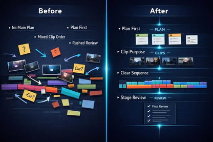 Comparison of 'Before' and 'After' project planning with colorful sticky notes and checkmarks.