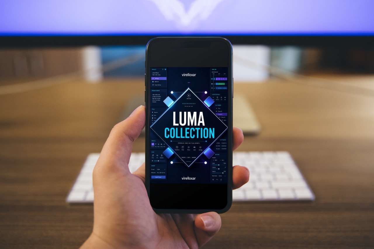 Hand holding a smartphone with 'Luma Collection' app displayed, blurred office background