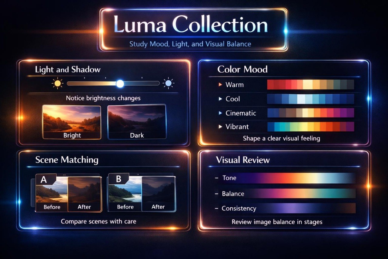 Luma Collection software interface for studying mood, light, and visual balance with various controls and color options.