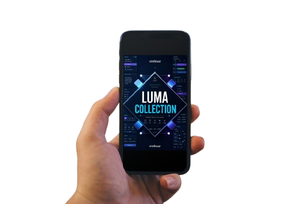 Hand holding a smartphone displaying the 'Luma Collection' app interface.