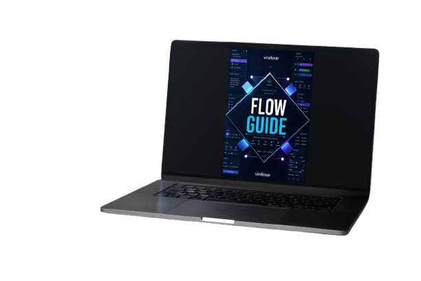 Laptop with 'Flow Guide' displayed on the screen against a white background