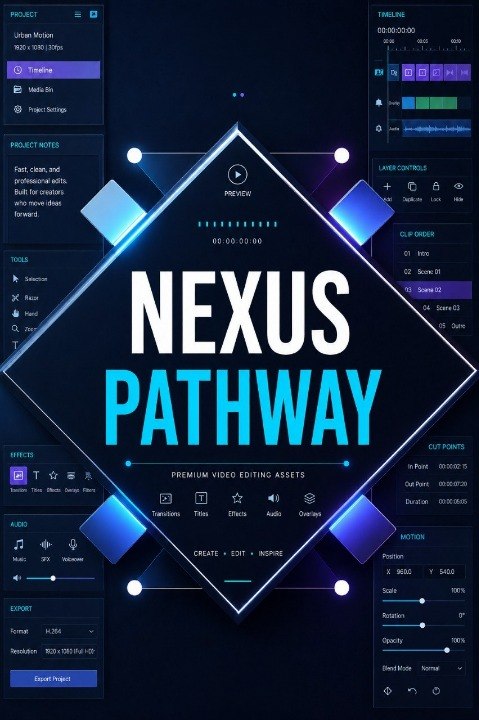 Nexus Pathway software interface with geometric design and text on a dark background