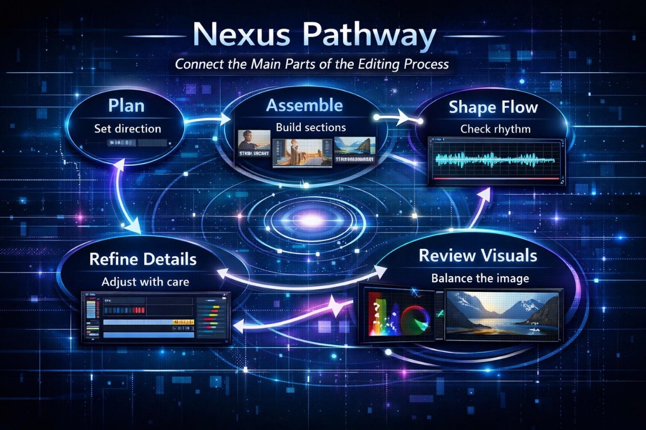 Diagram of the Nexus Pathway for editing process with labeled steps on a dark background.