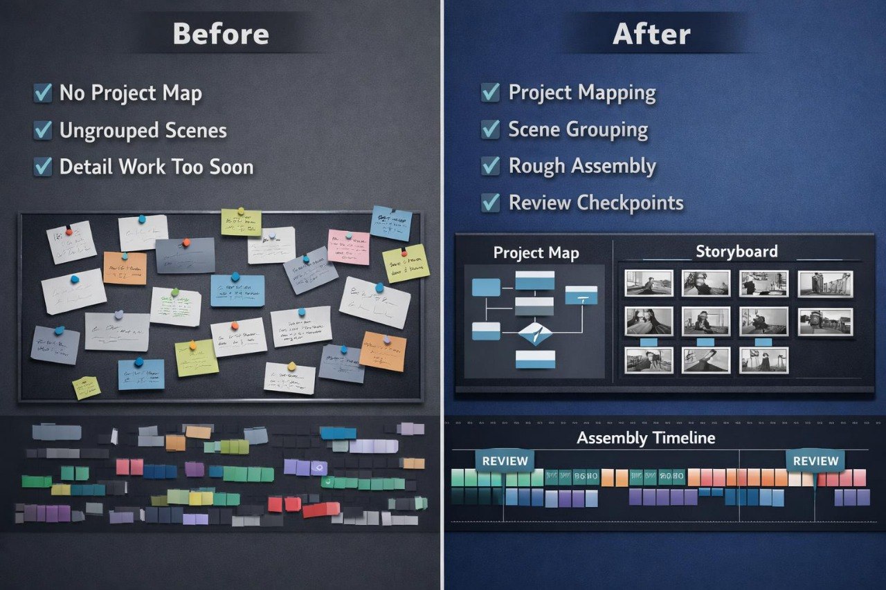 Before and after comparison of project management tools with colorful sticky notes and digital interface.