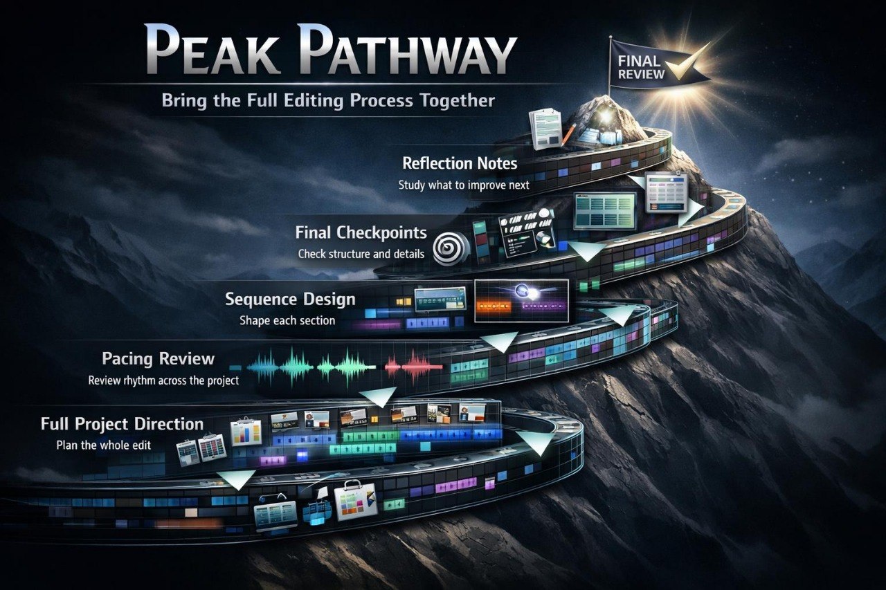 Diagram of the Peak Pathway for video editing process on a mountainous background