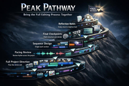 Diagram of the Peak Pathway for video editing process on a mountainous background