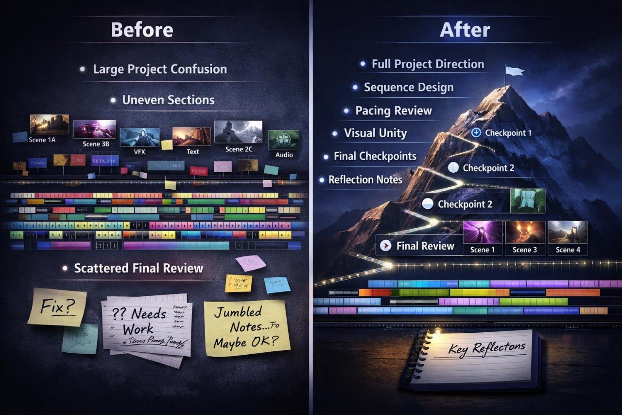 Before and after comparison of a project management system with visual elements and text.