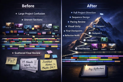Before and after comparison of a project management system with visual elements and text.