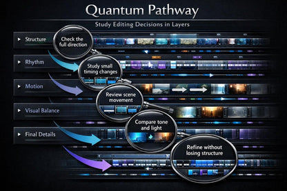 Diagram titled 'Quantum Pathway' with steps for studying editing decisions in layers on a dark background.