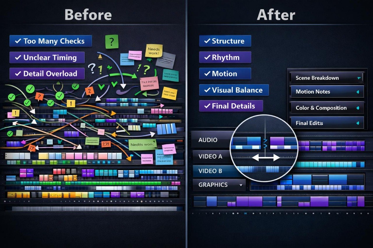Comparison of a complex video editing interface 'Before' and its streamlined version 'After'.