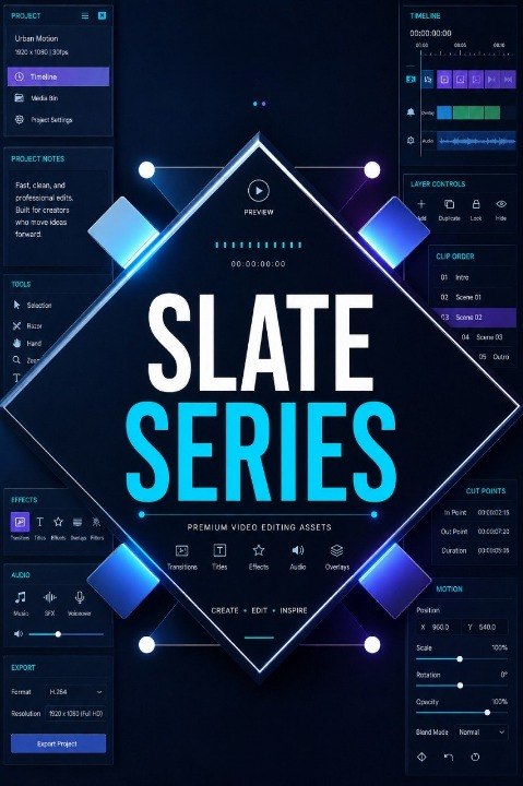 Slate Series software interface with geometric design and text on a dark background