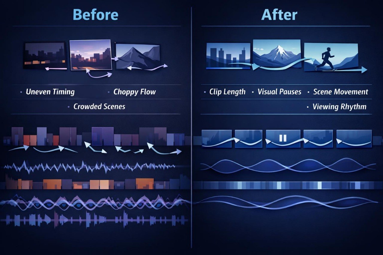 Comparison of video editing improvements with 'Before' and 'After' scenarios on a dark background.