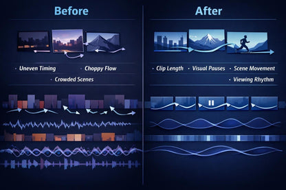 Comparison of video editing improvements with 'Before' and 'After' scenarios on a dark background.