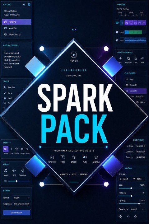 SPARK PACK software interface with blue and white design on a dark background