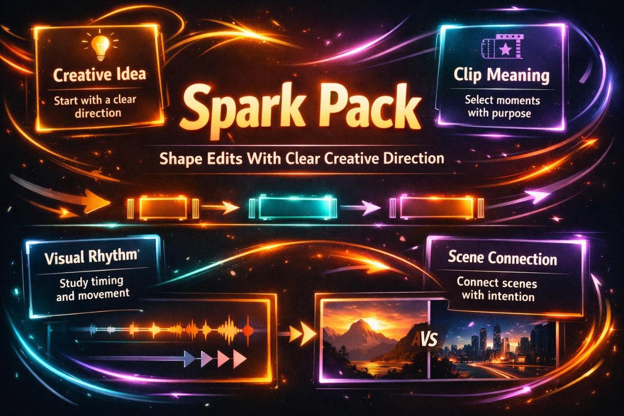 Promotional graphic for 'Spark Pack' with colorful text and visual elements on a dark background.