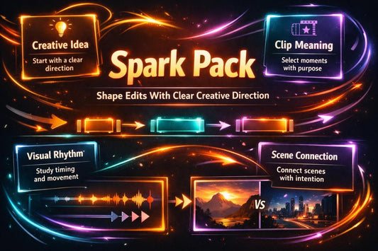 Promotional graphic for 'Spark Pack' with colorful text and visual elements on a dark background.