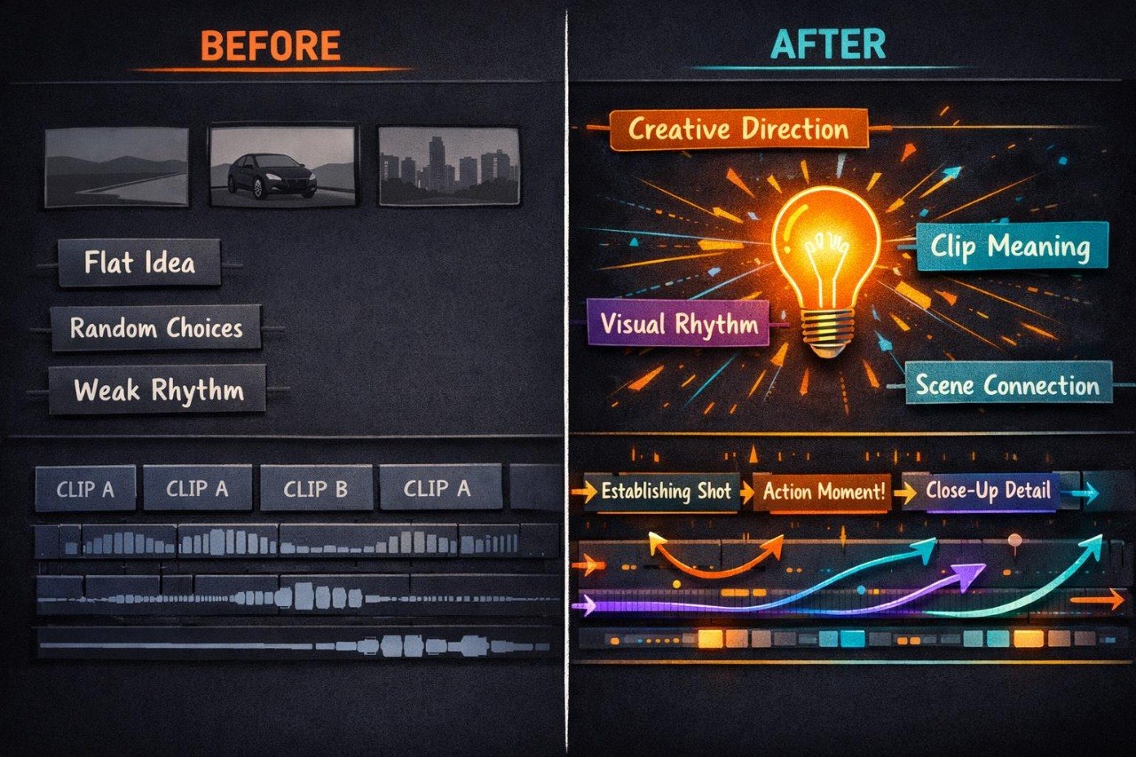 Before and after comparison of video editing software interface with visual elements and text.